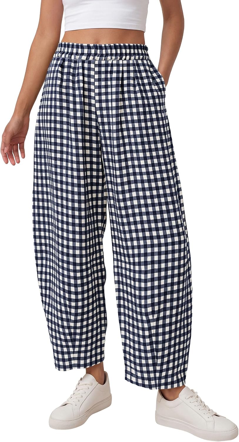 Plaid Barrel Pants Women Summer 2026 Casual Loose Wide Leg Lounge Gingham Trousers Spring Fashion Beach Bottoms