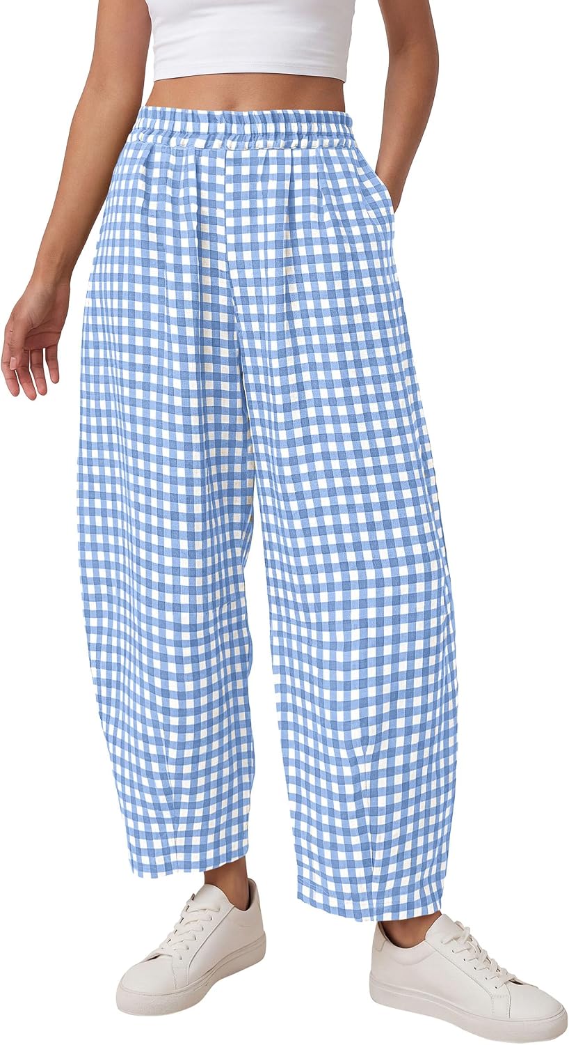 Plaid Barrel Pants Women Summer 2026 Casual Loose Wide Leg Lounge Gingham Trousers Spring Fashion Beach Bottoms