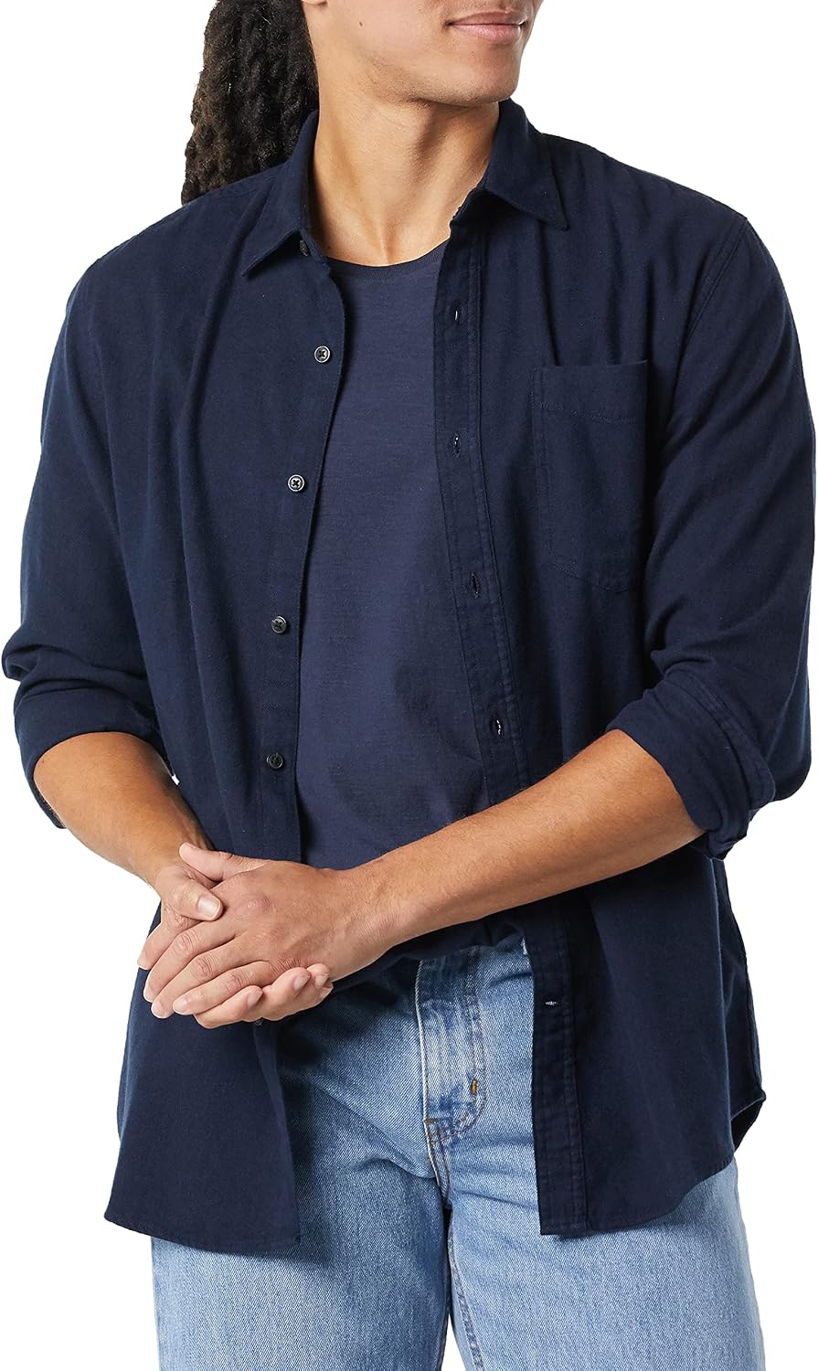 Men's Regular Fit Long-Sleeve Flannel Shirt, Soft Brushed Cotton, Lightweight yet Warm