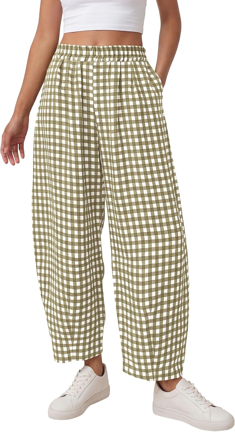 Plaid Barrel Pants Women Summer 2026 Casual Loose Wide Leg Lounge Gingham Trousers Spring Fashion Beach Bottoms