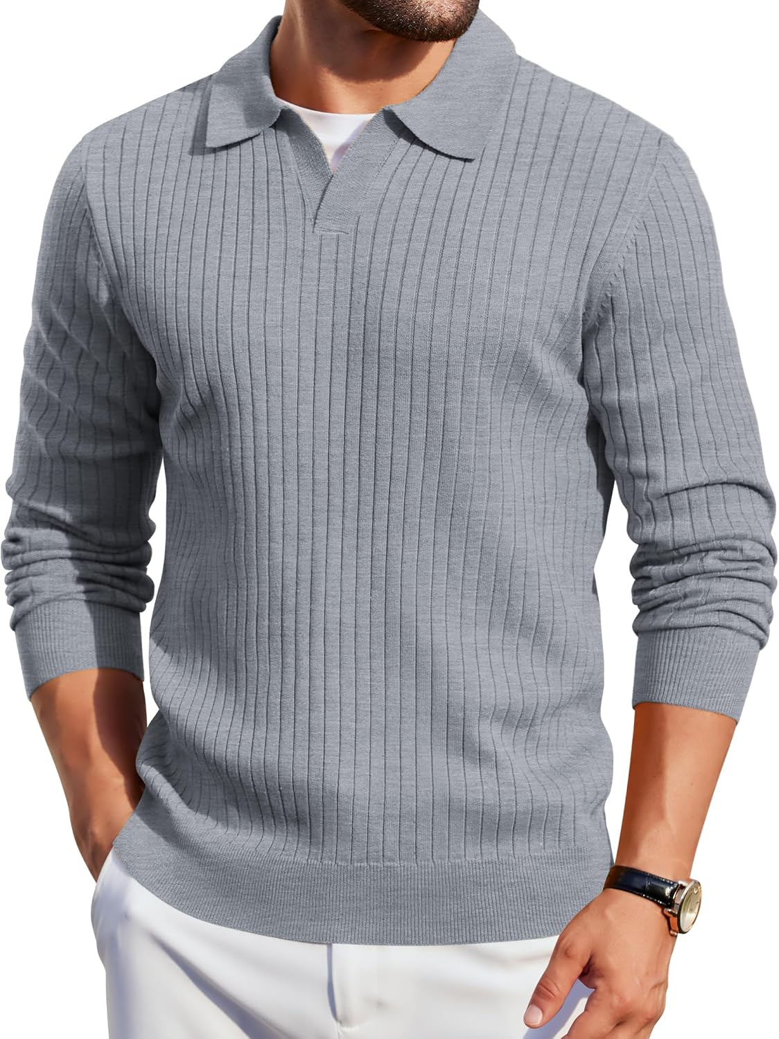 Mens Knit Polos Long Sleeve Casual Sweater Polos V Neck Collared Sweater Golf Polo Sweaters and Pullovers