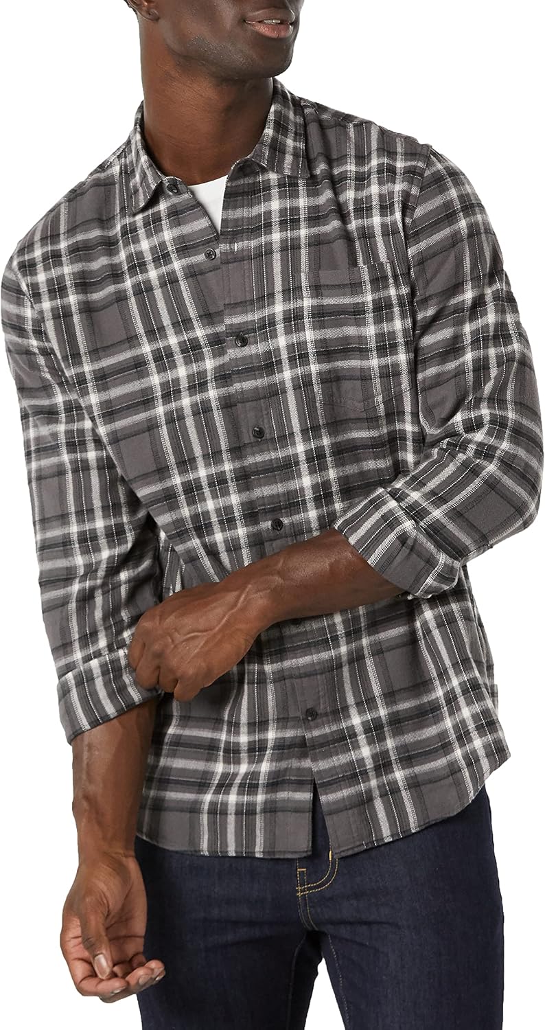 Men's Regular Fit Long-Sleeve Flannel Shirt, Soft Brushed Cotton, Lightweight yet Warm