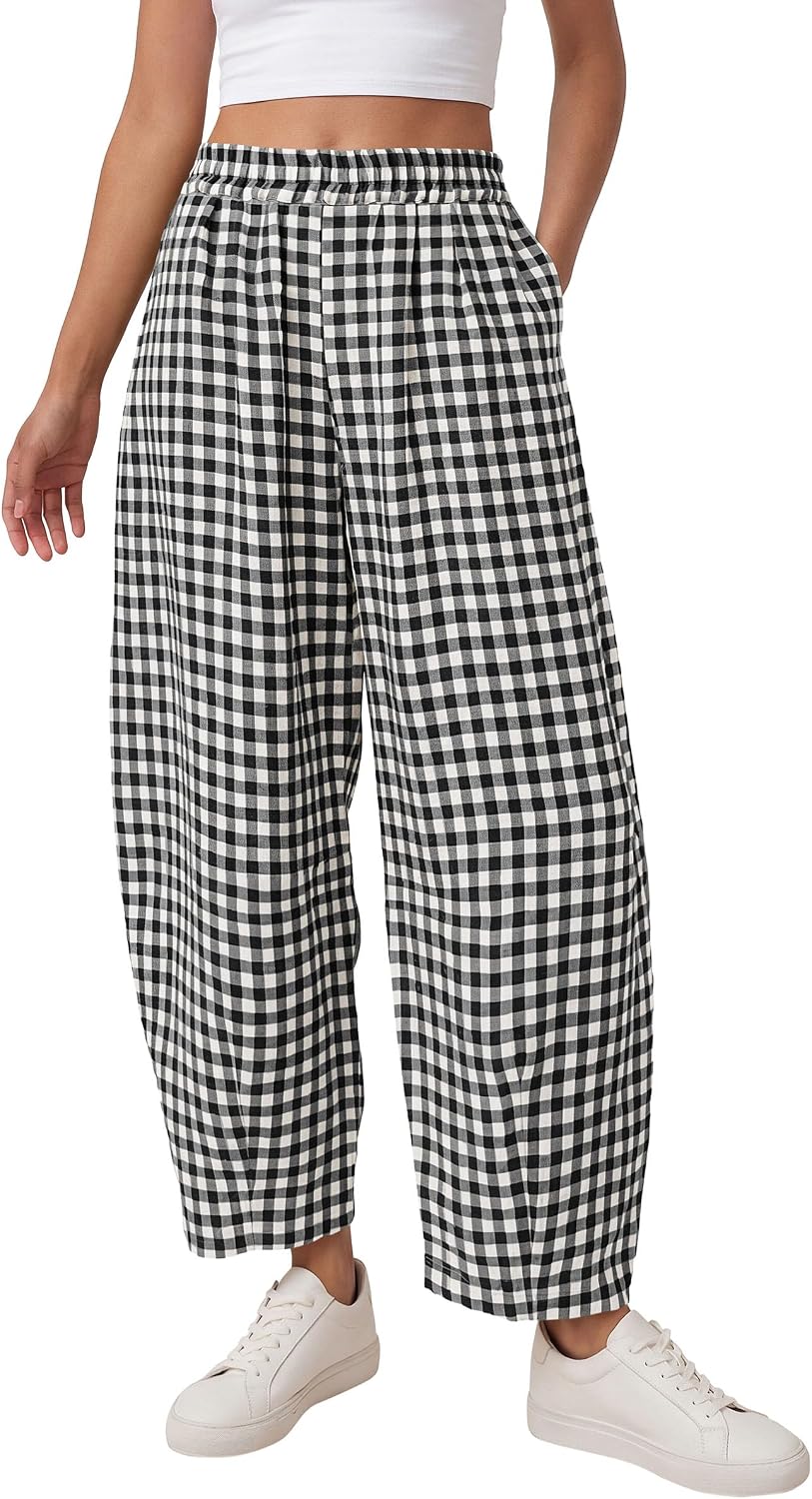 Plaid Barrel Pants Women Summer 2026 Casual Loose Wide Leg Lounge Gingham Trousers Spring Fashion Beach Bottoms
