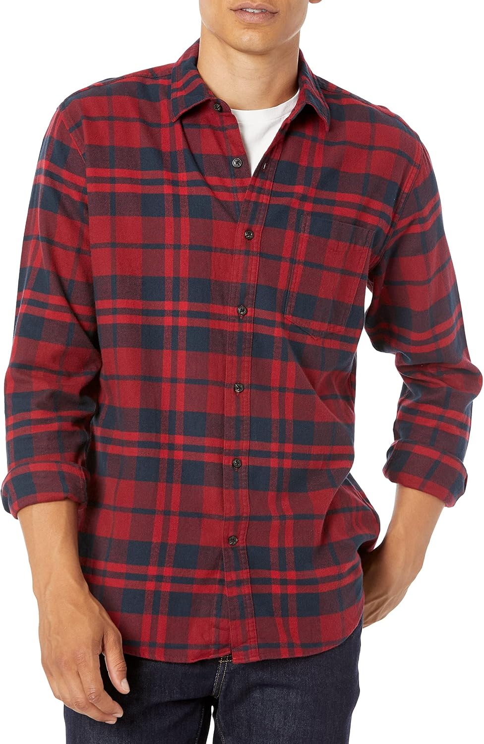 Men's Regular Fit Long-Sleeve Flannel Shirt, Soft Brushed Cotton, Lightweight yet Warm