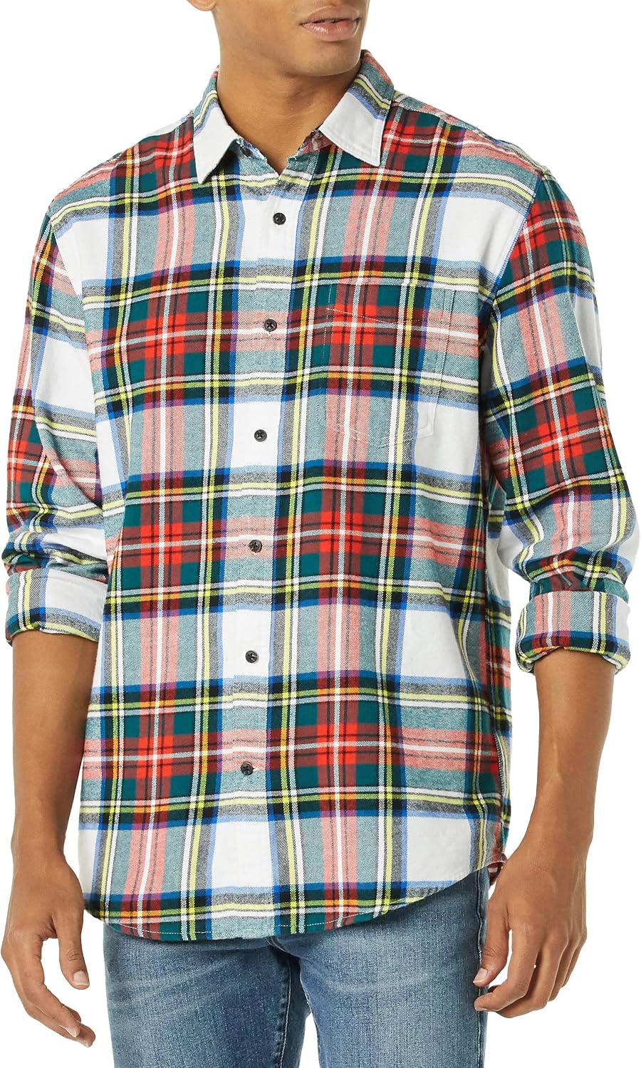 Men's Regular Fit Long-Sleeve Flannel Shirt, Soft Brushed Cotton, Lightweight yet Warm