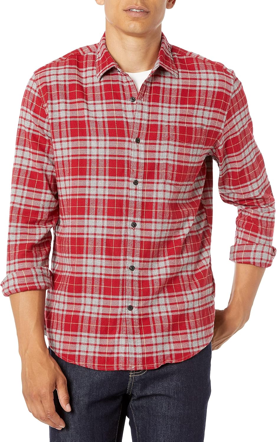 Men's Regular Fit Long-Sleeve Flannel Shirt, Soft Brushed Cotton, Lightweight yet Warm
