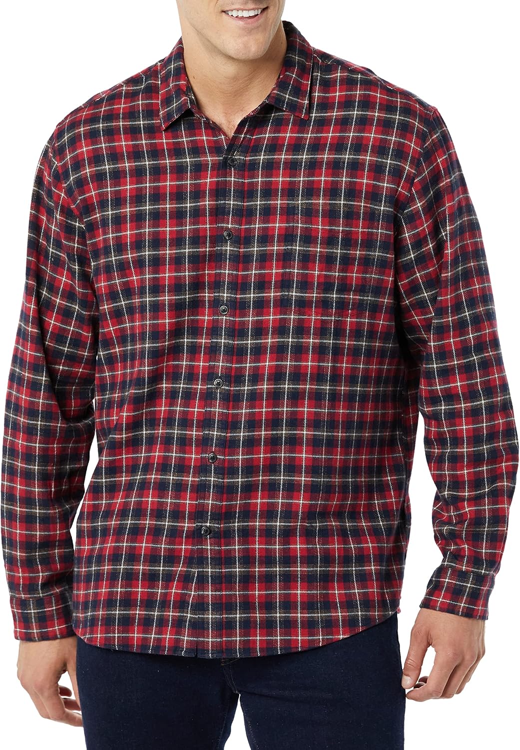Men's Regular Fit Long-Sleeve Flannel Shirt, Soft Brushed Cotton, Lightweight yet Warm