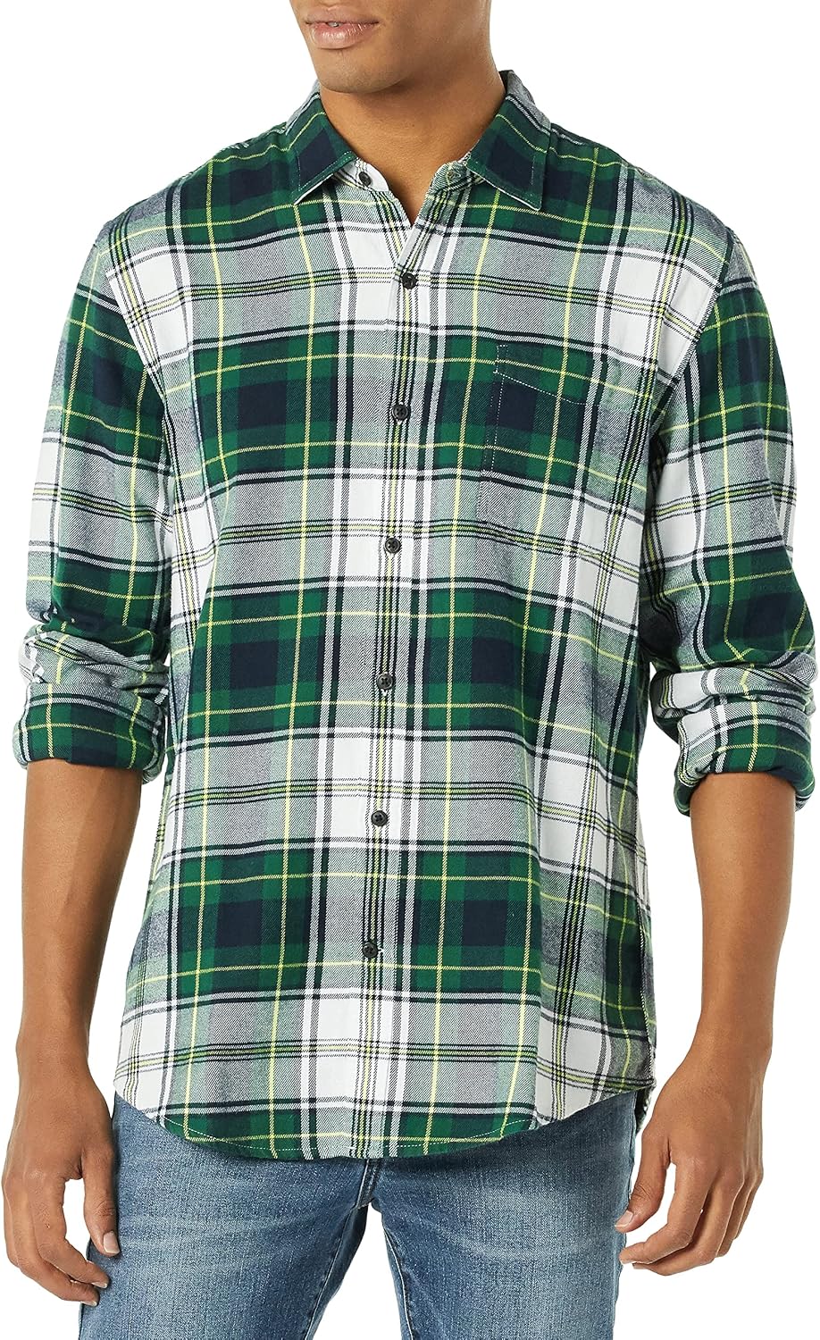 Men's Regular Fit Long-Sleeve Flannel Shirt, Soft Brushed Cotton, Lightweight yet Warm