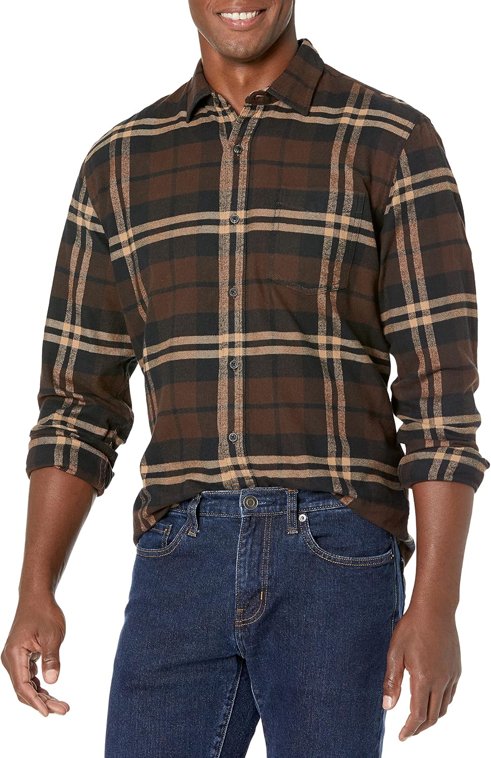 Men's Regular Fit Long-Sleeve Flannel Shirt, Soft Brushed Cotton, Lightweight yet Warm