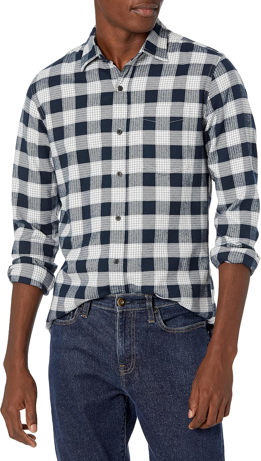 Men's Regular Fit Long-Sleeve Flannel Shirt, Soft Brushed Cotton, Lightweight yet Warm