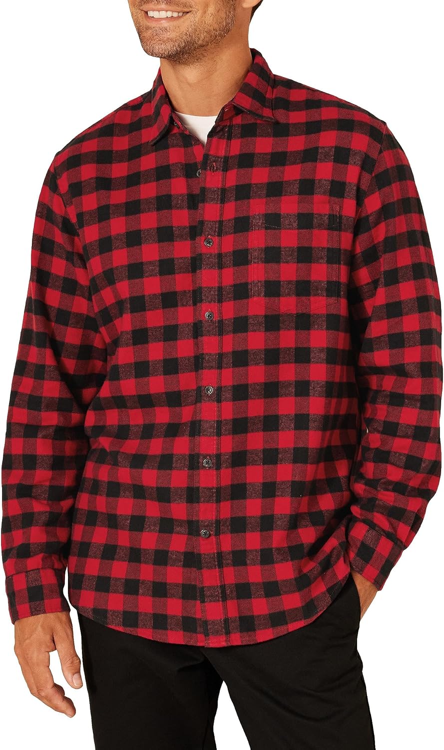 Men's Regular Fit Long-Sleeve Flannel Shirt, Soft Brushed Cotton, Lightweight yet Warm