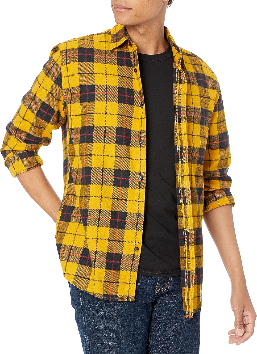 Men's Regular Fit Long-Sleeve Flannel Shirt, Soft Brushed Cotton, Lightweight yet Warm