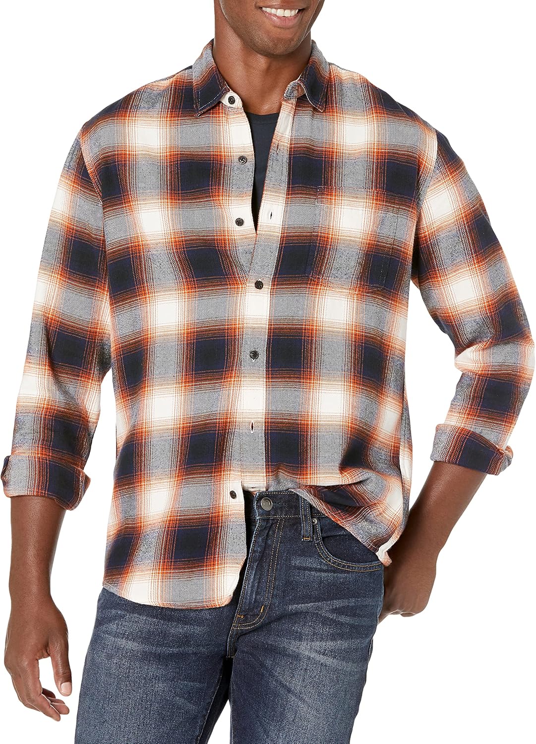 Men's Regular Fit Long-Sleeve Flannel Shirt, Soft Brushed Cotton, Lightweight yet Warm