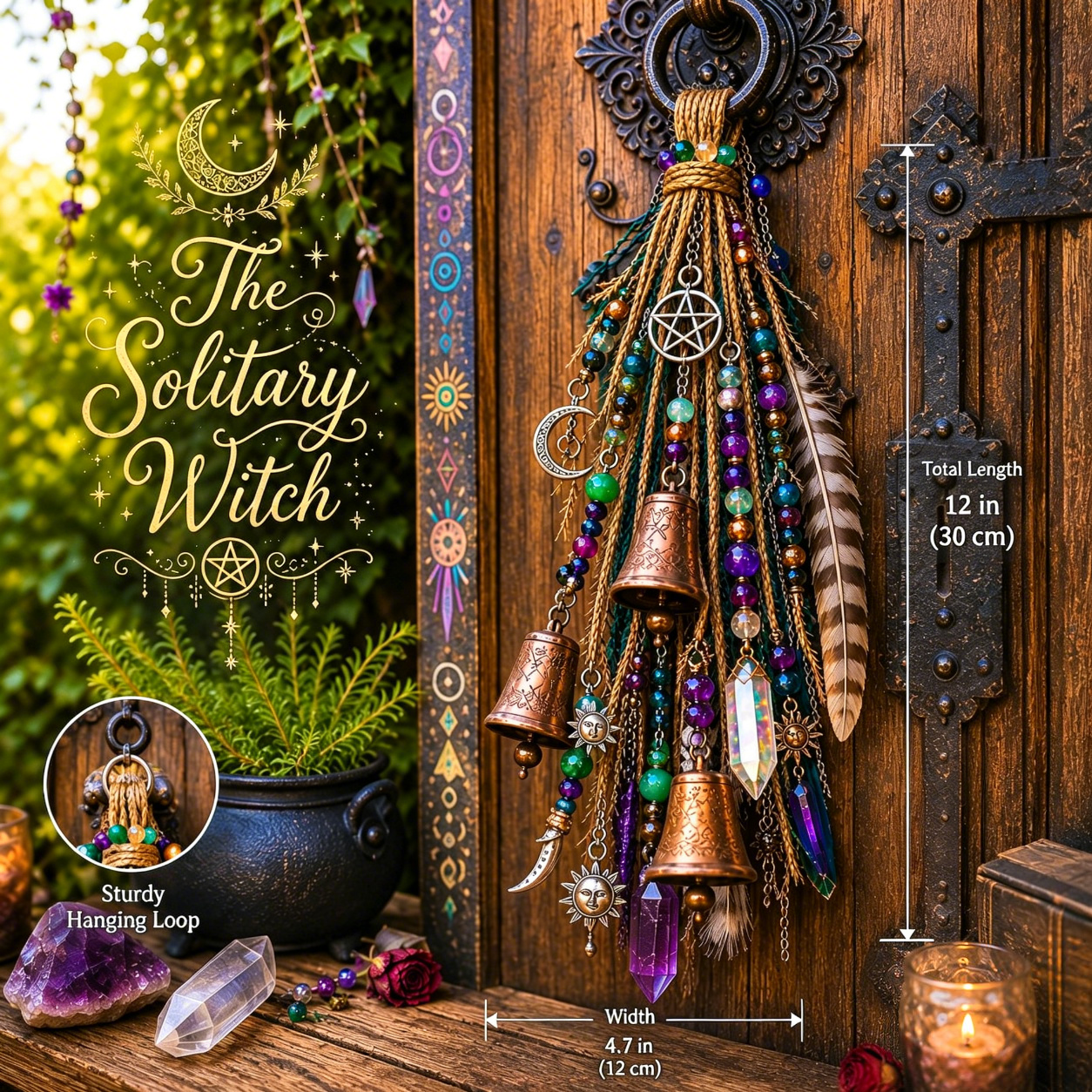 🔮Witch-themed hanging door bell | 🌙Bells, crystals, and celestial hanging decorations