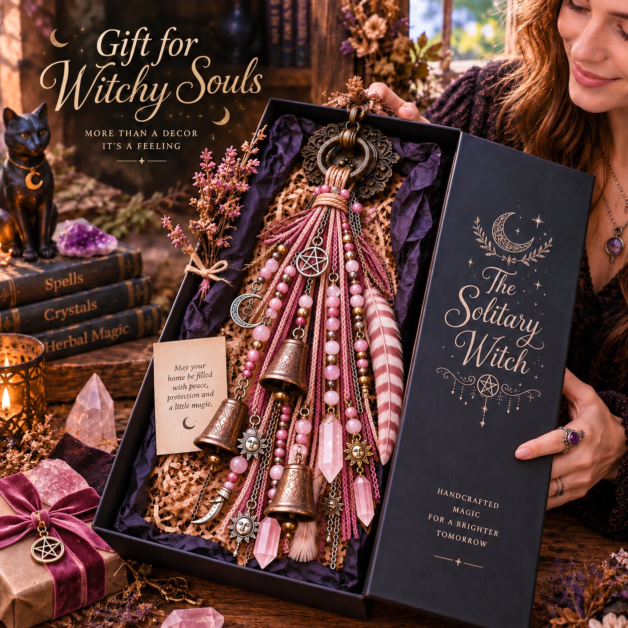 🔮Witch-themed hanging door bell | 🌙Bells, crystals, and celestial hanging decorations