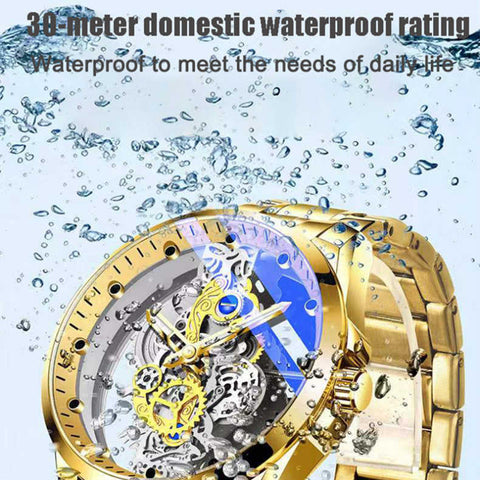 Skeleton-style quartz watch shown as a distinctive accessory