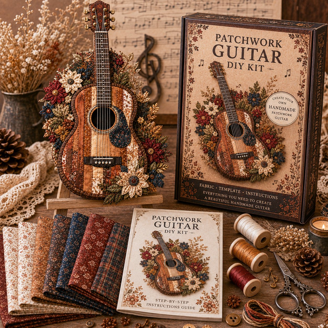 🎶🧵 Premium vintage patchwork kit for musical instruments | High-quality layered fabric with stitched details – DIY handmade decoration for the music room ✨