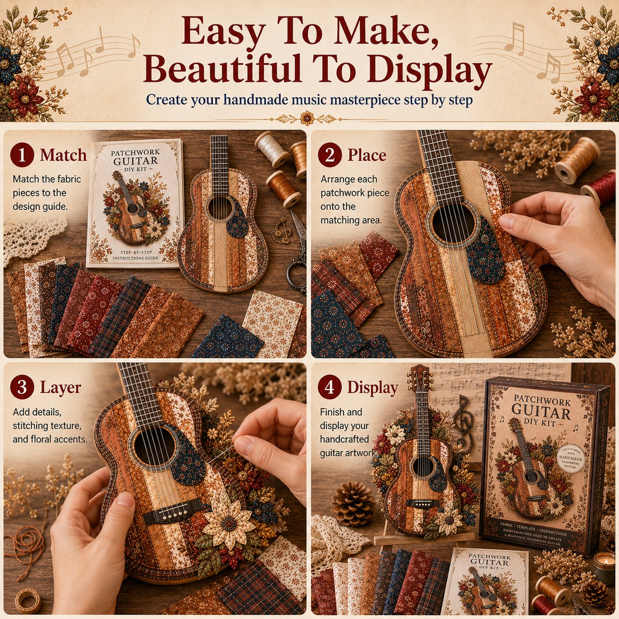 🎶🧵 Premium vintage patchwork kit for musical instruments | High-quality layered fabric with stitched details – DIY handmade decoration for the music room ✨