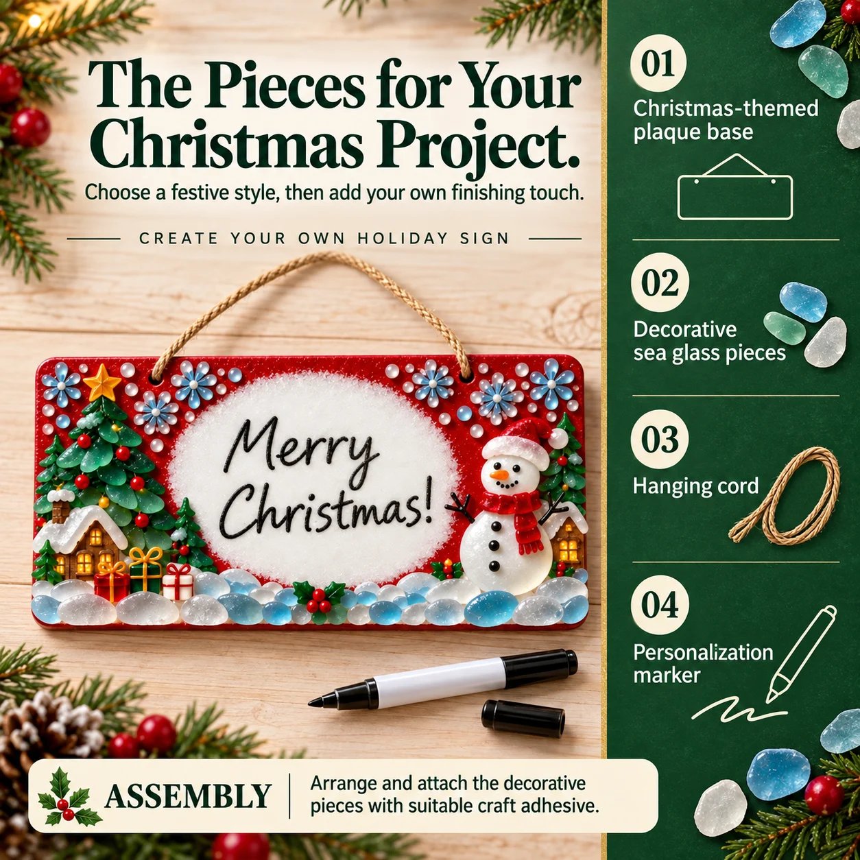 Product size and kit contents infographic showing plaque, sea glass pieces, hanging cord and marker