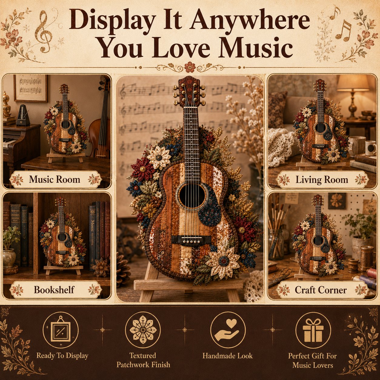 🎶🧵 Premium vintage patchwork kit for musical instruments | High-quality layered fabric with stitched details – DIY handmade decoration for the music room ✨