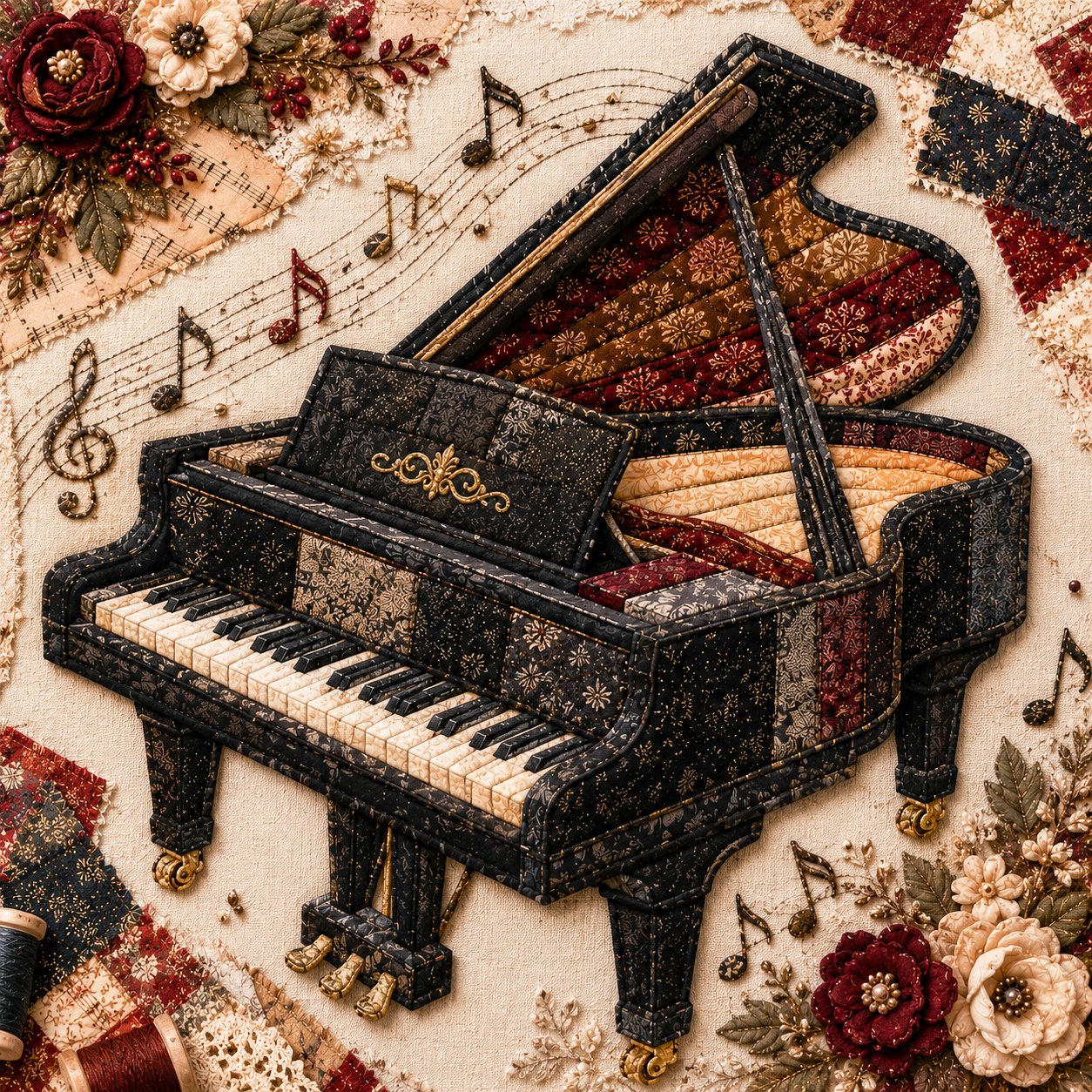 🎶🧵 Premium vintage patchwork kit for musical instruments | High-quality layered fabric with stitched details – DIY handmade decoration for the music room ✨