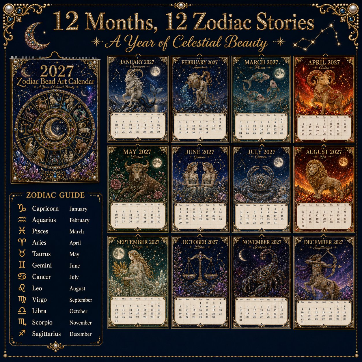 Twelve Zodiac Bead Art Calendar Designs