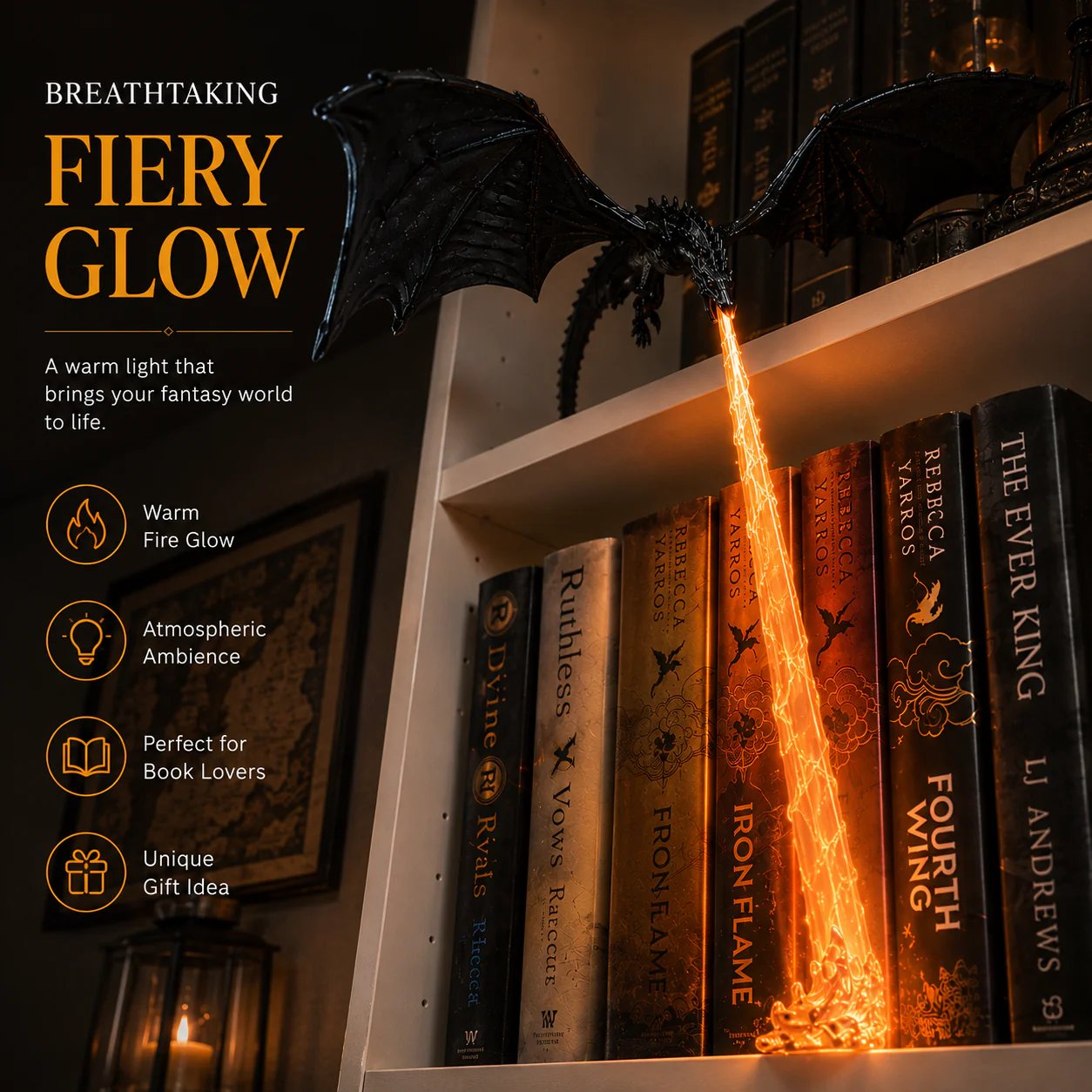 🐉 Fire-breathing dragon bookshelf decoration lamp + LED flame lighting set