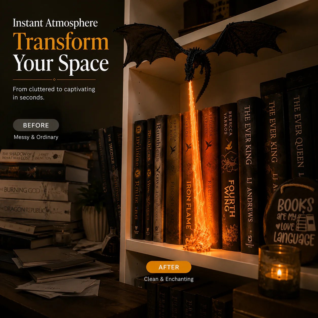 🐉 Fire-breathing dragon bookshelf decoration lamp + LED flame lighting set