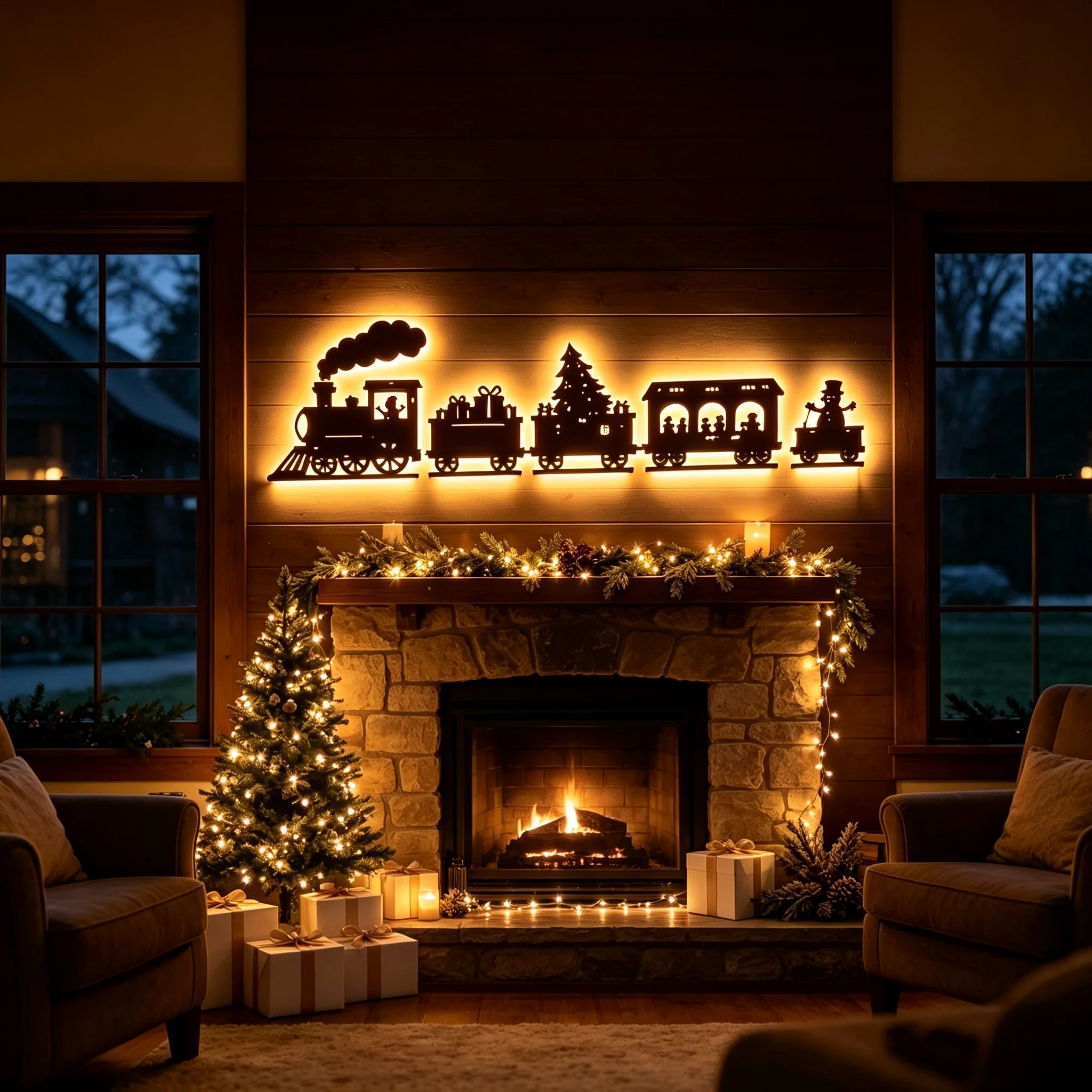 Gedetailleerd houten kersttreinsilhouet