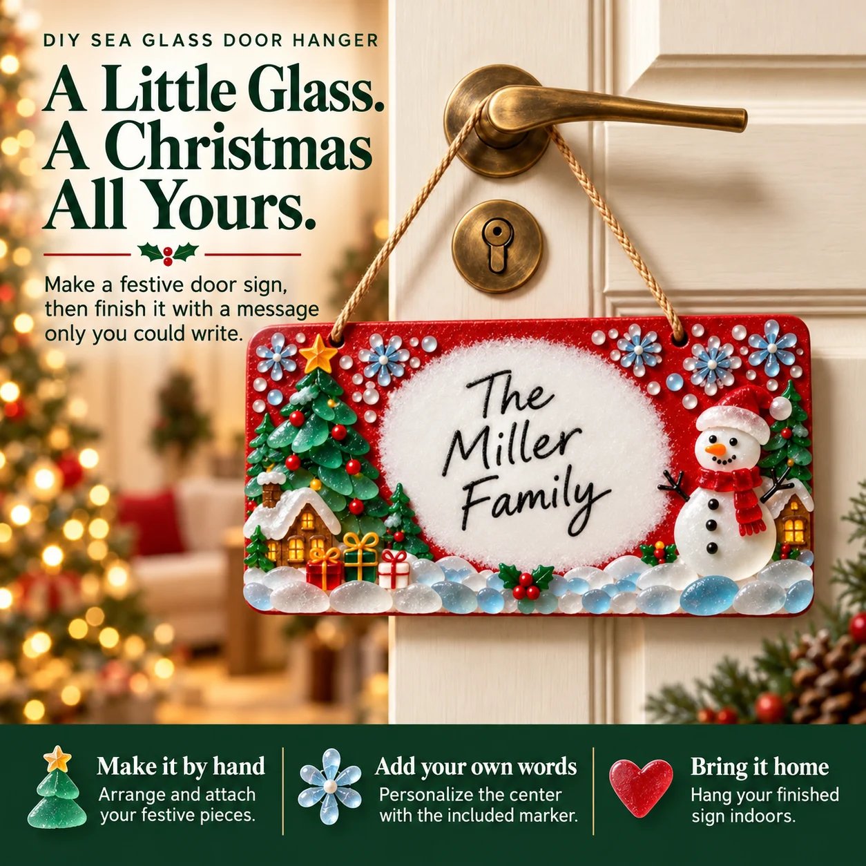 First Shopify gallery infographic of the sea glass Christmas sign with its handwritten-message area