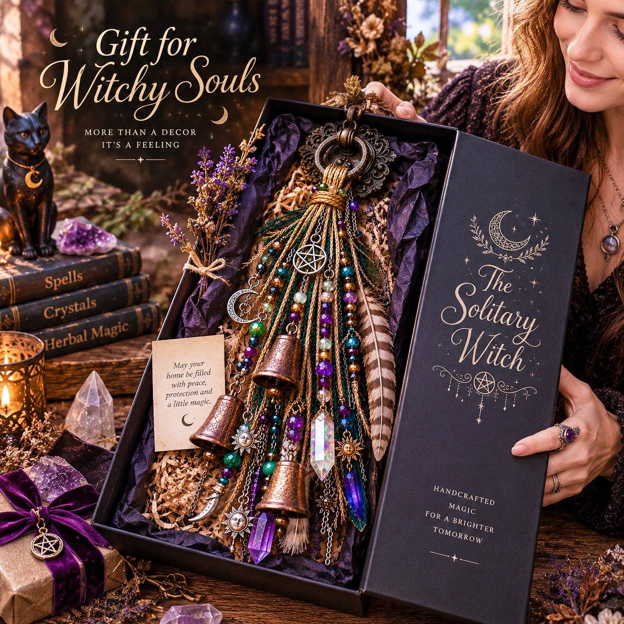 🔮Witch-themed hanging door bell | 🌙Bells, crystals, and celestial hanging decorations