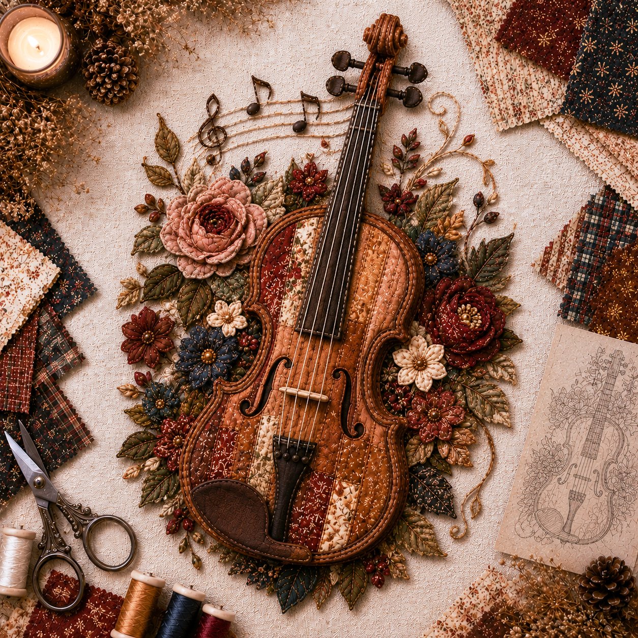 🎶🧵 Premium vintage patchwork kit for musical instruments | High-quality layered fabric with stitched details – DIY handmade decoration for the music room ✨