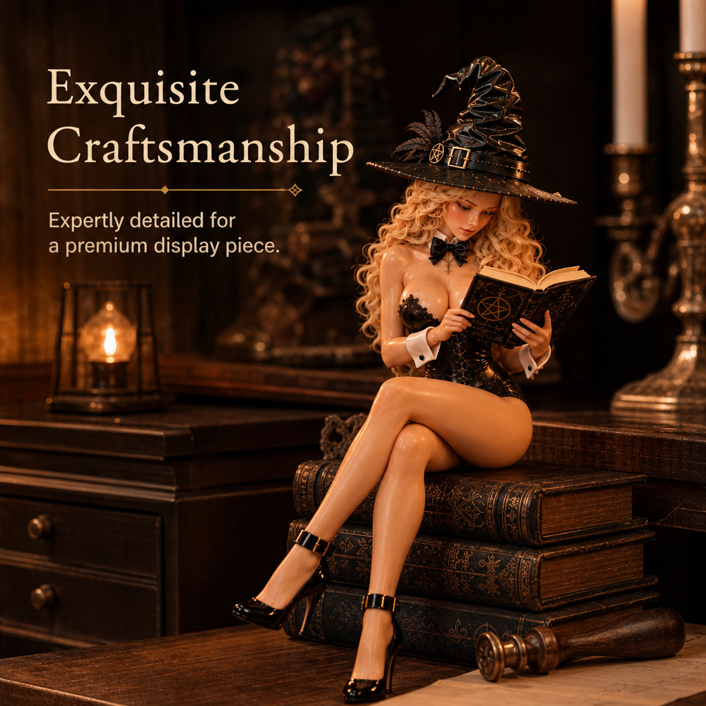 Zittende witchy figuur met benen over de rand van een plank
