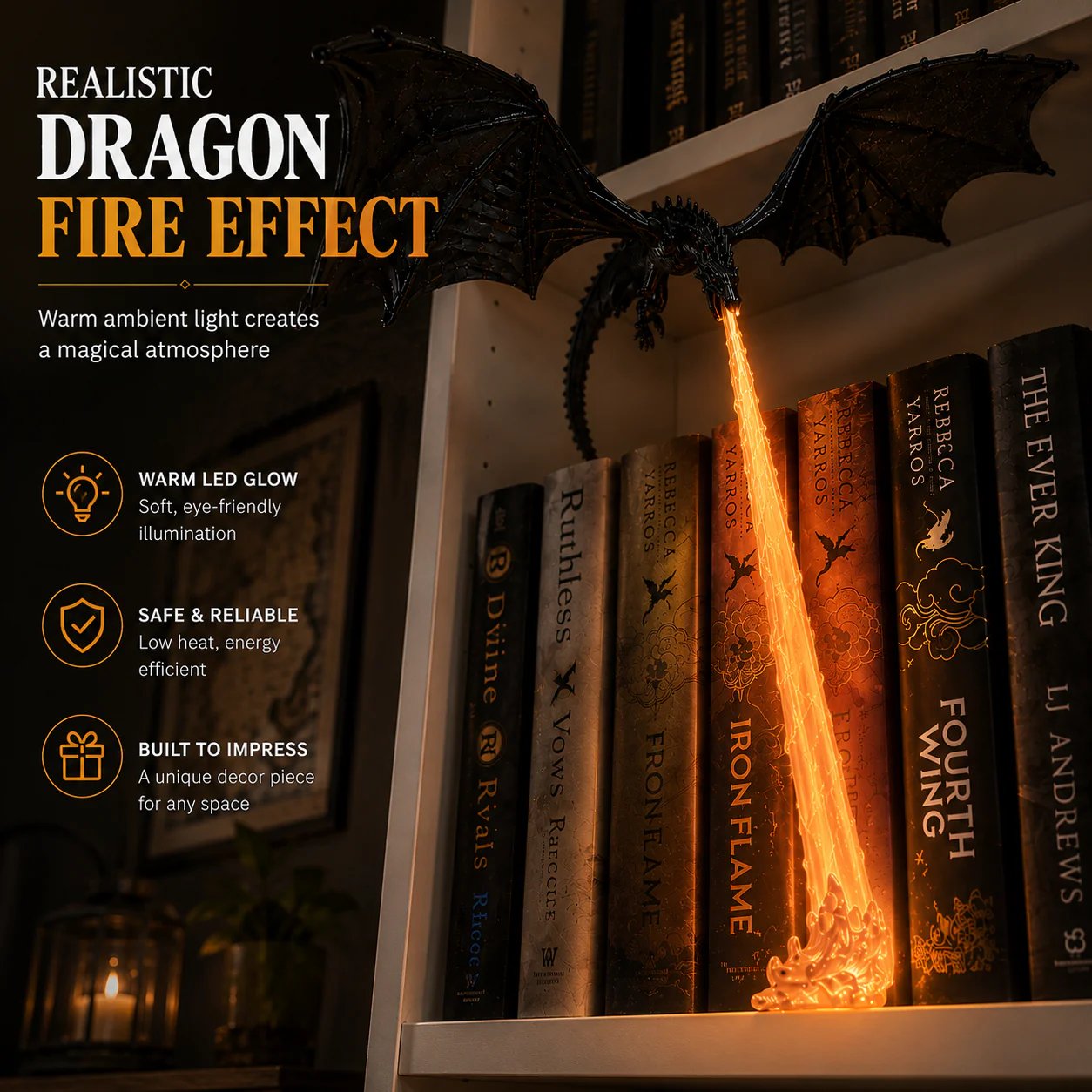🐉 Fire-breathing dragon bookshelf decoration lamp + LED flame lighting set