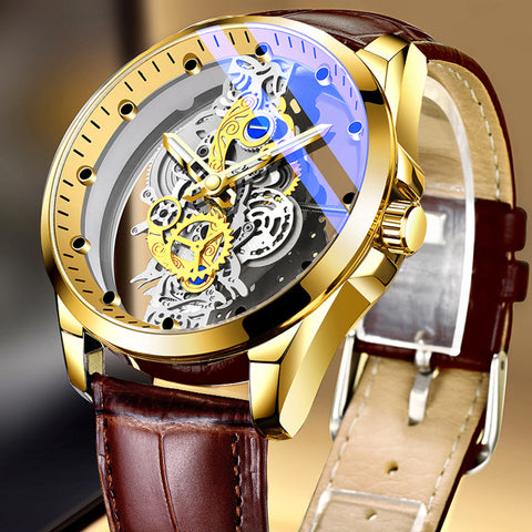 Skeleton-style quartz wristwatch with a distinctive dial