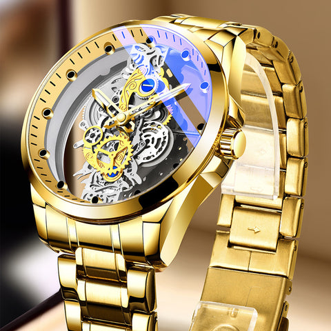 Skeleton-style quartz watch with detailed dial styling