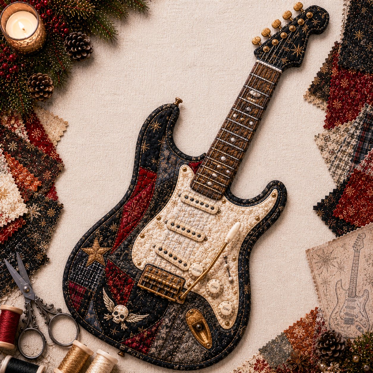 🎶🧵 Premium vintage patchwork kit for musical instruments | High-quality layered fabric with stitched details – DIY handmade decoration for the music room ✨