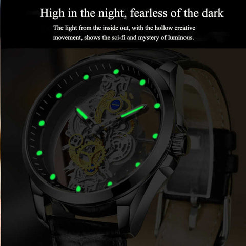 Close-up view of the skeleton-style watch design