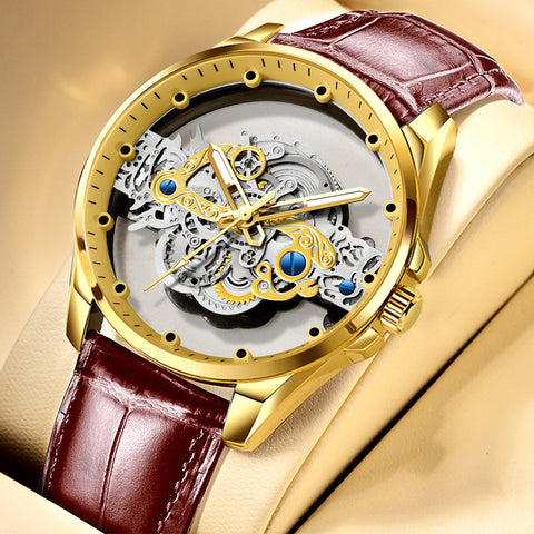 Skeleton-style quartz wristwatch with a distinctive finish