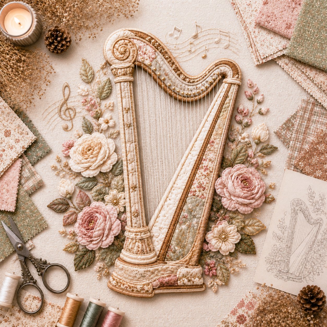🎶🧵 Premium vintage patchwork kit for musical instruments | High-quality layered fabric with stitched details – DIY handmade decoration for the music room ✨