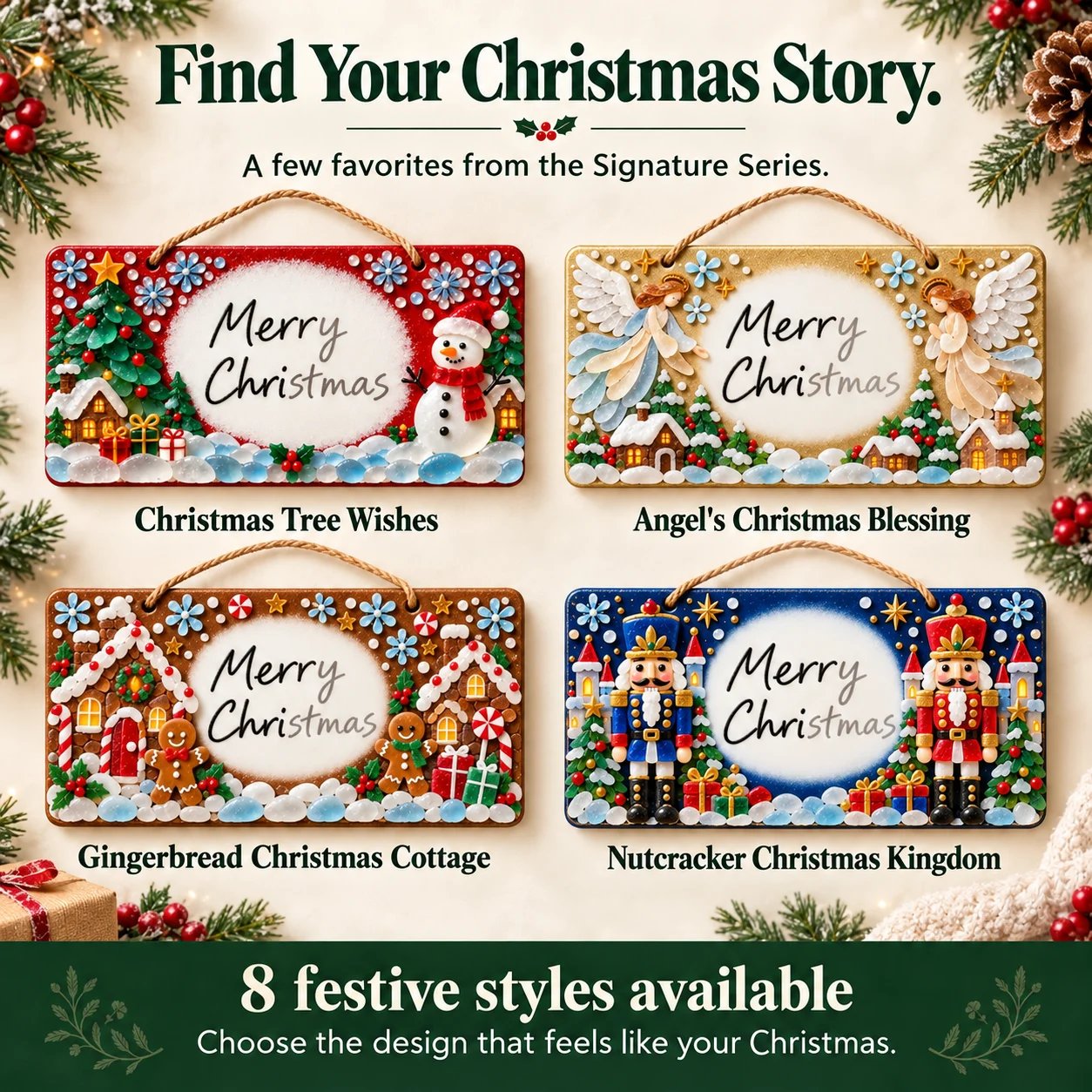 Product gallery overview of festive sign styles