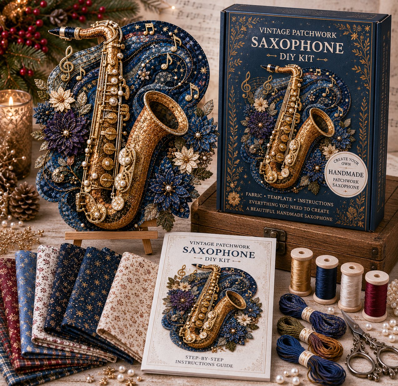 🎶🧵 Premium vintage patchwork kit for musical instruments | High-quality layered fabric with stitched details – DIY handmade decoration for the music room ✨