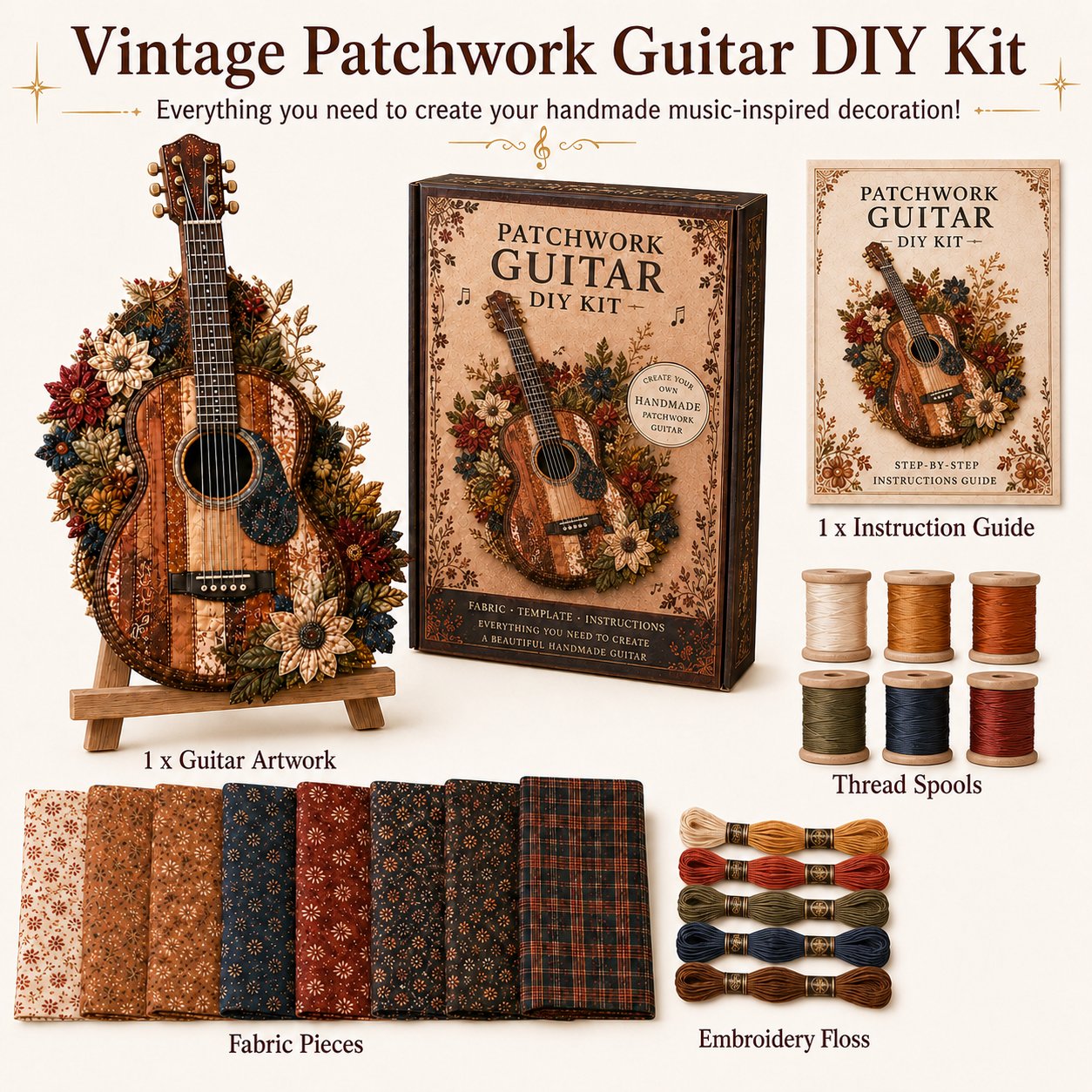 🎶🧵 Premium vintage patchwork kit for musical instruments | High-quality layered fabric with stitched details – DIY handmade decoration for the music room ✨