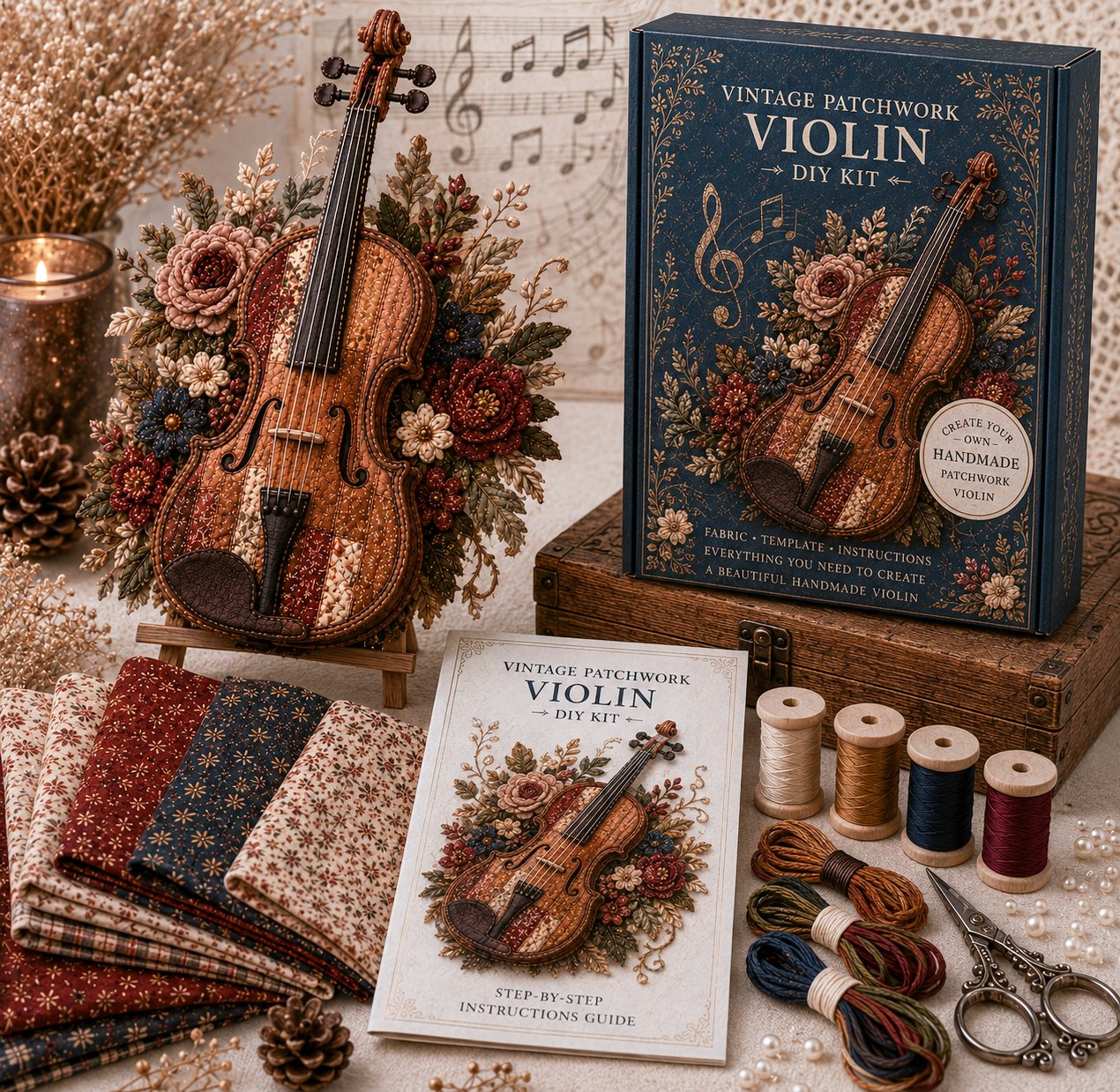🎶🧵 Premium vintage patchwork kit for musical instruments | High-quality layered fabric with stitched details – DIY handmade decoration for the music room ✨