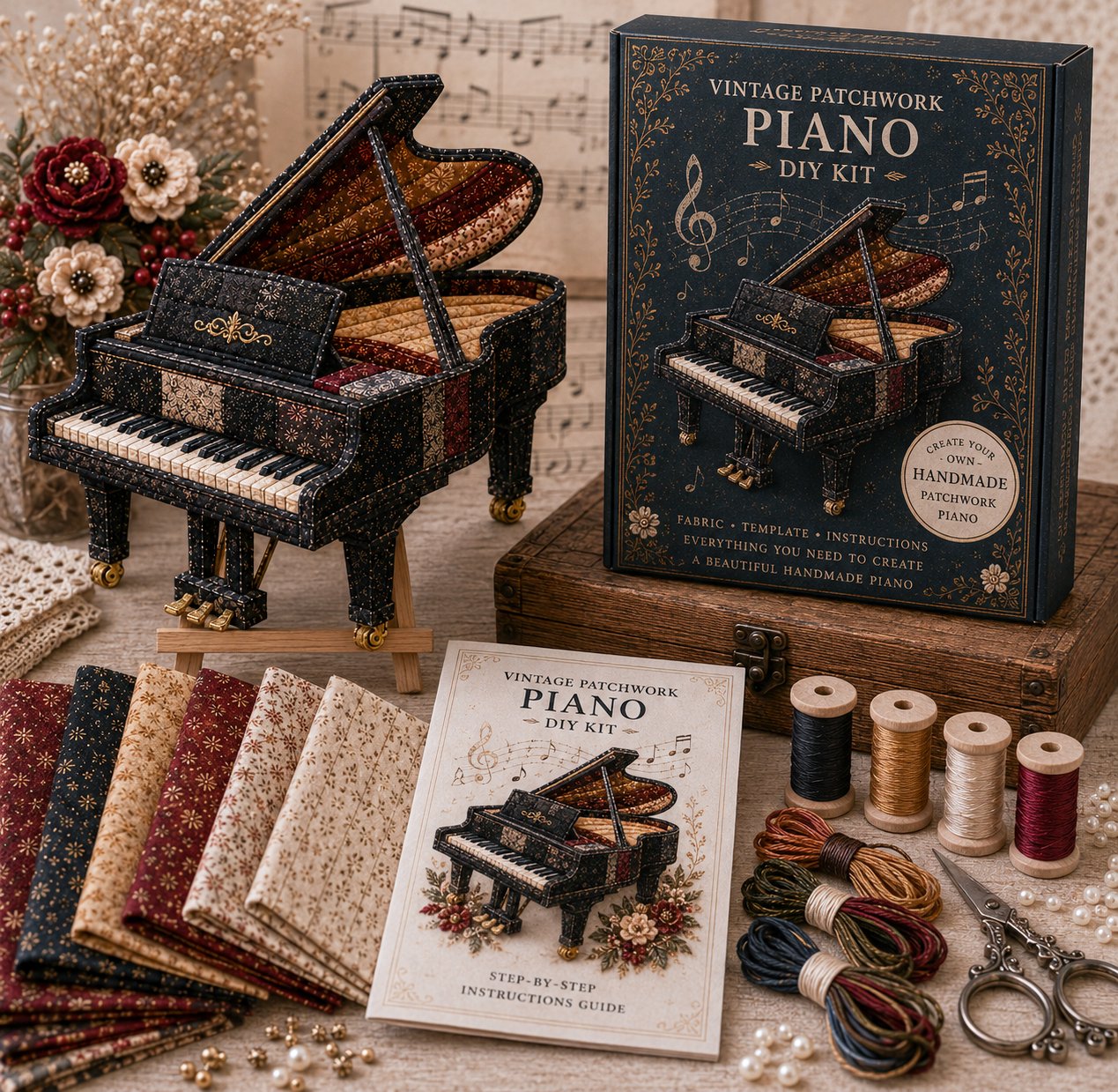 🎶🧵 Premium vintage patchwork kit for musical instruments | High-quality layered fabric with stitched details – DIY handmade decoration for the music room ✨