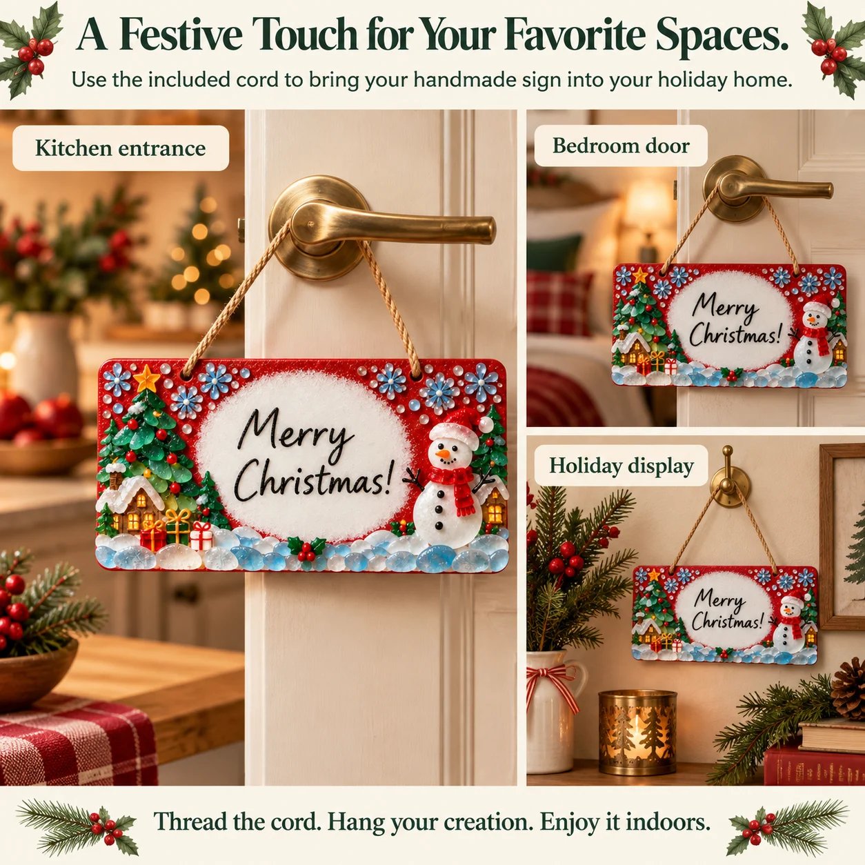 Finished sea glass Christmas signs hanging in indoor holiday settings