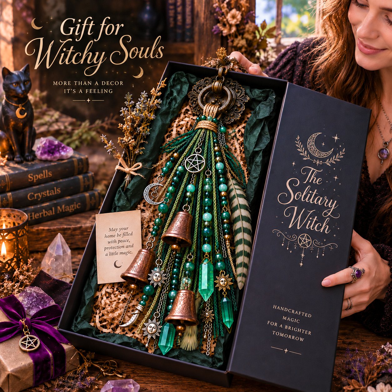 🔮Witch-themed hanging door bell | 🌙Bells, crystals, and celestial hanging decorations
