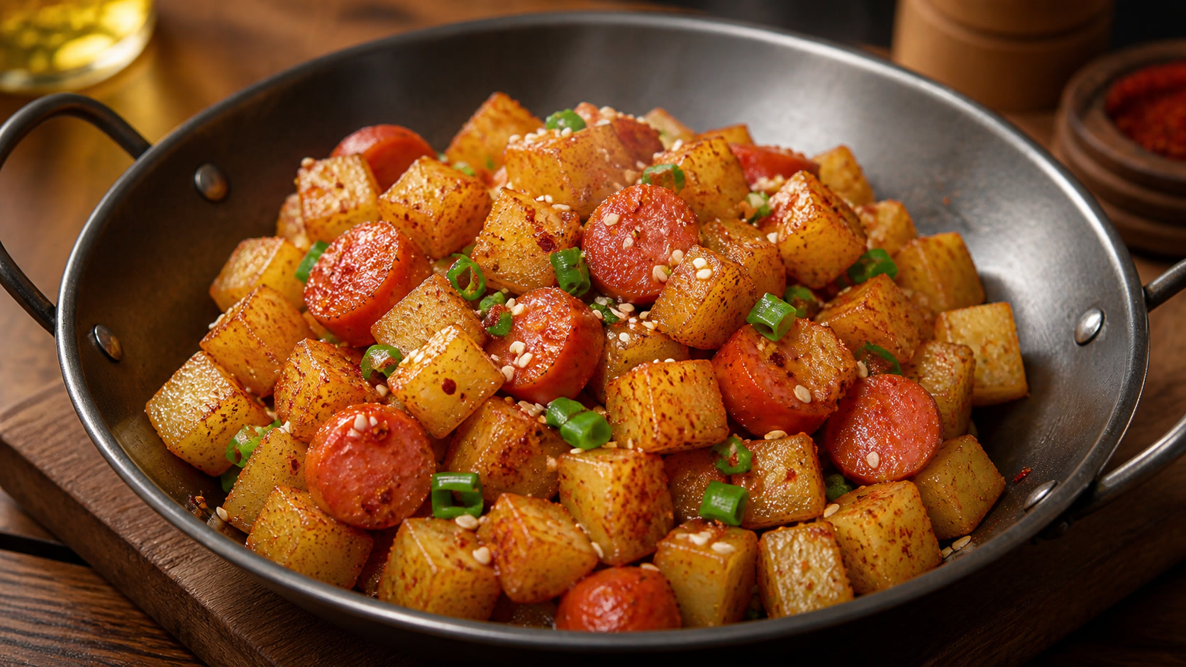 Chinese cumin potato cubes with sausage, sesame, and scallions 01