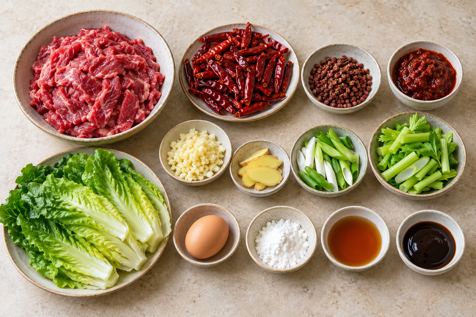 Ingredients for homemade Shui Zhu Beef with sliced beef, chilies and vegetables 02