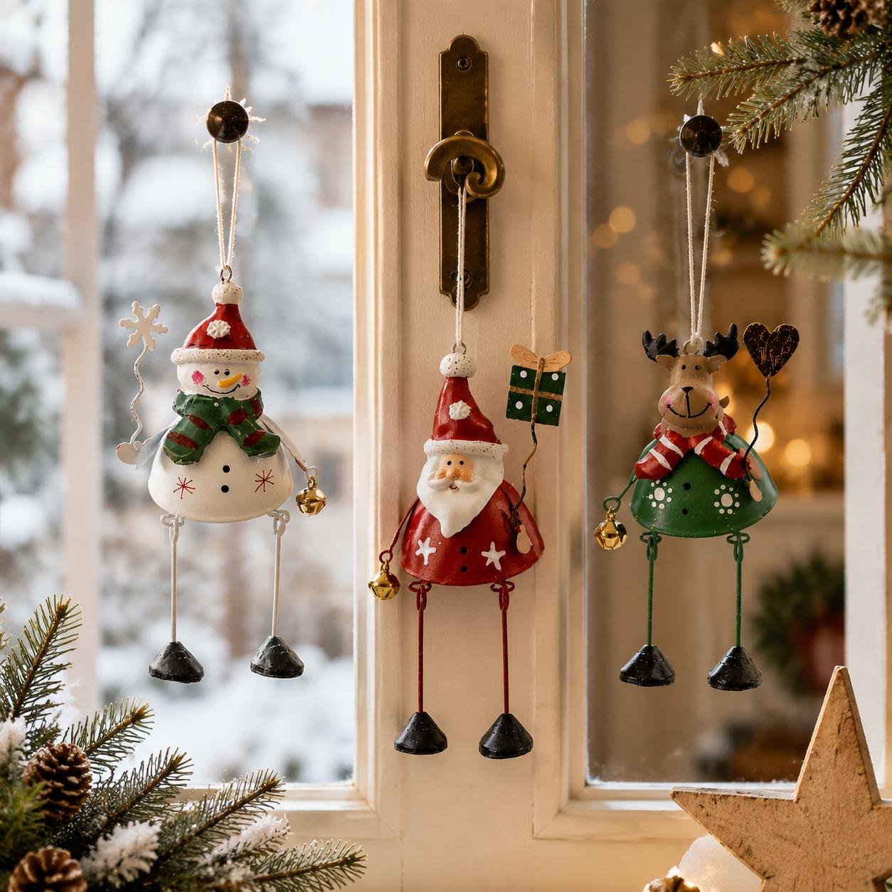 Kerstmetalen ornamenten hangen aan kastgrepen